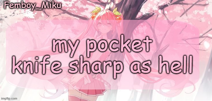 Femboy Miku sakura miku announcement | my pocket knife sharp as hell | image tagged in femboy miku sakura miku anouncment | made w/ Imgflip meme maker
