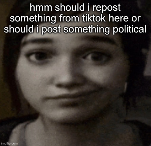 ellie | hmm should i repost something from tiktok here or should i post something political | image tagged in ellie | made w/ Imgflip meme maker