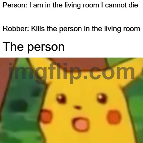 This happens to us | Person: I am in the living room I cannot die; Robber: Kills the person in the living room; The person | image tagged in memes,surprised pikachu | made w/ Imgflip meme maker