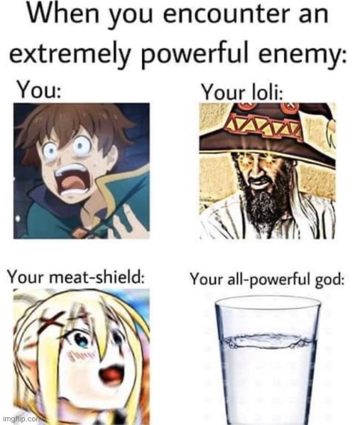 image tagged in konosuba,kazuma,megumin,darkness,aqua | made w/ Imgflip meme maker