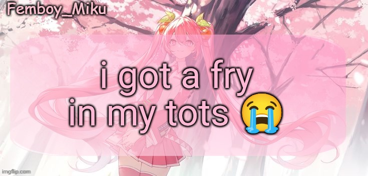 Femboy Miku sakura miku anouncment | i got a fry in my tots 😭 | image tagged in femboy miku sakura miku anouncment | made w/ Imgflip meme maker