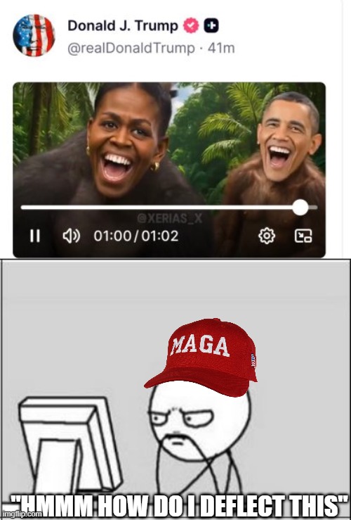 A Republican comment with 9 upvotes, in a meme with 40 views...talk about ALTS | "HMMM HOW DO I DEFLECT THIS" | image tagged in thinking at computer | made w/ Imgflip meme maker