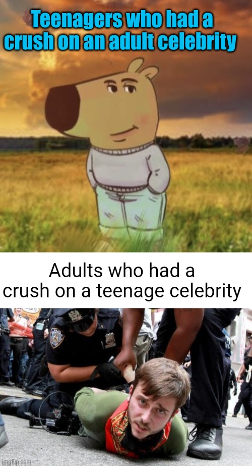 Why is it like this? This is not fair?? | Teenagers who had a crush on an adult celebrity; Adults who had a crush on a teenage celebrity | image tagged in chill guy,pedophile,celebrity crush,celebrities,rights,unfair | made w/ Imgflip meme maker