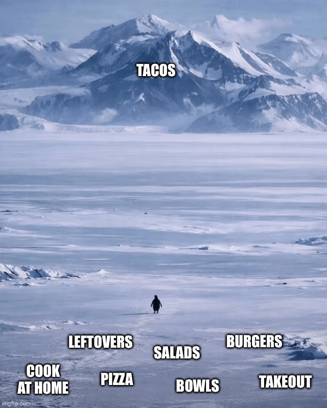 nihilist penguin | TACOS; LEFTOVERS; BURGERS; SALADS; PIZZA; COOK AT HOME; TAKEOUT; BOWLS | image tagged in nihilist penguin | made w/ Imgflip meme maker