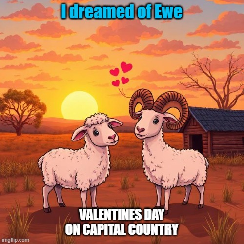 Valentines day in the country | I dreamed of Ewe; VALENTINES DAY ON CAPITAL COUNTRY | image tagged in sheep,ai image,sunset,valentines day | made w/ Imgflip meme maker