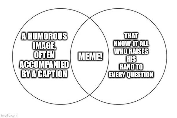 venn diagram | THAT KNOW-IT-ALL WHO RAISES HIS HAND TO EVERY QUESTION; A HUMOROUS IMAGE, OFTEN ACCOMPANIED BY A CAPTION; MEME! | image tagged in venn diagram | made w/ Imgflip meme maker