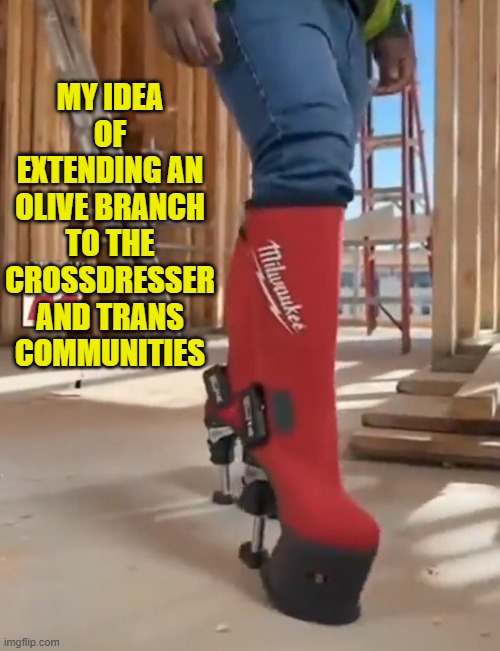 A symbolic heterosexual cis gendered olive branch to the Trans CD community! | MY IDEA OF EXTENDING AN OLIVE BRANCH TO THE CROSSDRESSER AND TRANS COMMUNITIES | image tagged in transgender,crossdresser,crossdressing,tools,high heels,construction worker | made w/ Imgflip meme maker