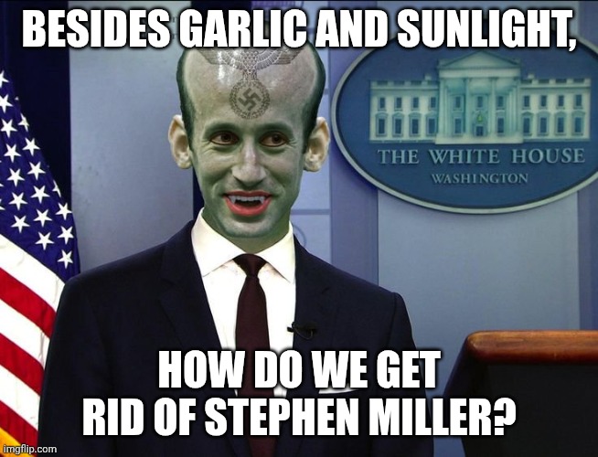 Of course flip Congress at the midterms also works... | BESIDES GARLIC AND SUNLIGHT, HOW DO WE GET RID OF STEPHEN MILLER? | image tagged in stephen miller nazi vampire,donald trump,maga,fascist,satan | made w/ Imgflip meme maker