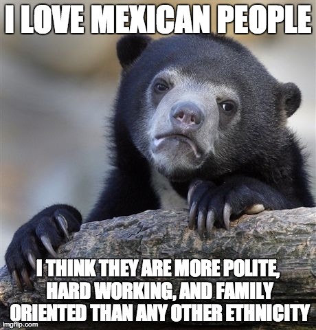 Confession Bear Meme | I LOVE MEXICAN PEOPLE I THINK THEY ARE MORE POLITE, HARD WORKING, AND FAMILY ORIENTED THAN ANY OTHER ETHNICITY | image tagged in memes,confession bear | made w/ Imgflip meme maker