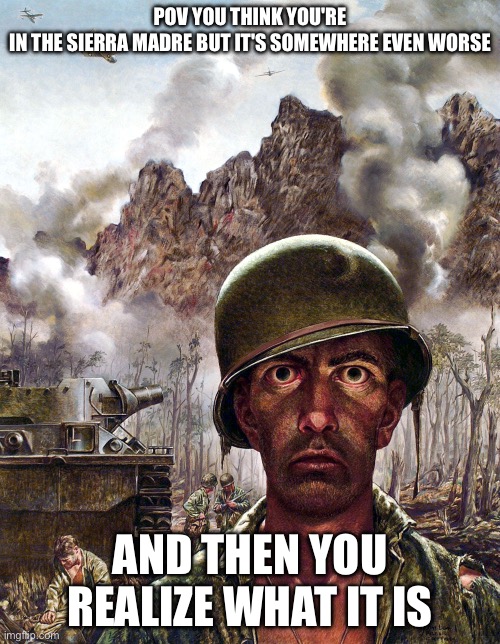 we don't talk about that one show on prime | POV YOU THINK YOU'RE IN THE SIERRA MADRE BUT IT'S SOMEWHERE EVEN WORSE; AND THEN YOU REALIZE WHAT IT IS | image tagged in 1000 yard stare,hotel,fallout new vegas,meme | made w/ Imgflip meme maker