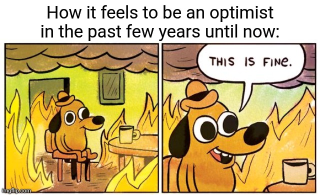 This Is Fine Meme | How it feels to be an optimist in the past few years until now: | image tagged in memes,optimist,hard | made w/ Imgflip meme maker