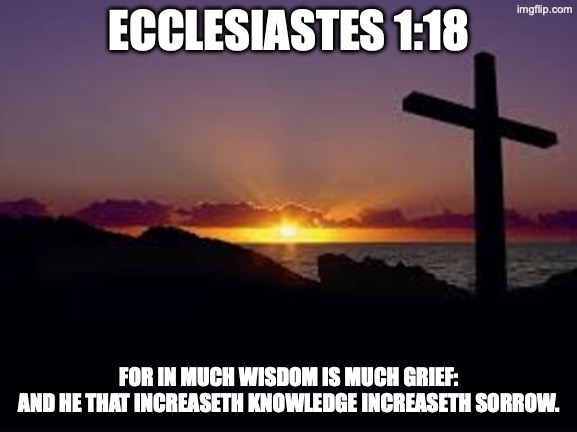 daily bible verse | ECCLESIASTES 1:18; FOR IN MUCH WISDOM IS MUCH GRIEF:
AND HE THAT INCREASETH KNOWLEDGE INCREASETH SORROW. | image tagged in cross | made w/ Imgflip meme maker