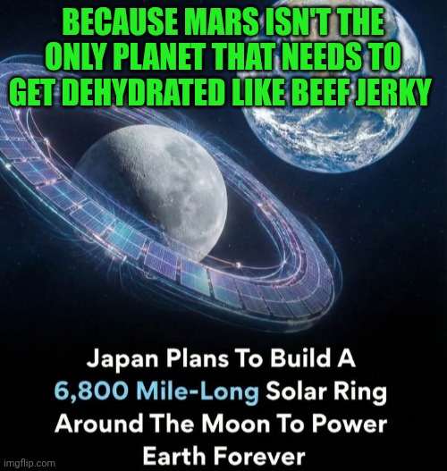 Funny | BECAUSE MARS ISN'T THE ONLY PLANET THAT NEEDS TO GET DEHYDRATED LIKE BEEF JERKY | image tagged in funny,mars,earth,sun,moon,japan | made w/ Imgflip meme maker