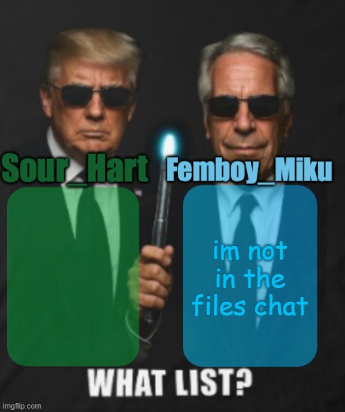 sour hart/ femboy miku temp | im not in the files chat | image tagged in sour hart/ femboy miku temp | made w/ Imgflip meme maker