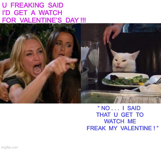 Clean Out Your Freaking Ears !!!  : ) | U  FREAKING  SAID
I’D  GET  A  WATCH 
FOR  VALENTINE’S  DAY !!! “ NO . . .  I  SAID 

      THAT  U  GET  TO
           WATCH  ME 
FREAK  MY  VALENTINE ! ” | image tagged in memes,woman yelling at cat | made w/ Imgflip meme maker