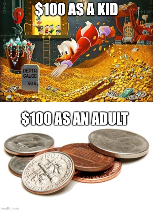 $100 AS A KID; $100 AS AN ADULT | image tagged in scrooge mcduck | made w/ Imgflip meme maker