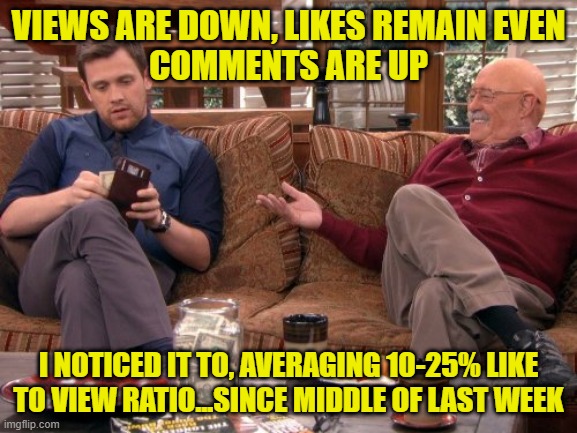 VIEWS ARE DOWN, LIKES REMAIN EVEN
COMMENTS ARE UP I NOTICED IT TO, AVERAGING 10-25% LIKE TO VIEW RATIO...SINCE MIDDLE OF LAST WEEK | made w/ Imgflip meme maker