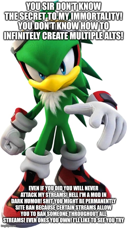 Jet the Hawk | YOU SIR DON'T KNOW THE SECRET TO MY IMMORTALITY! YOU DON'T KNOW HOW TO INFINITELY CREATE MULTIPLE ALTS! EVEN IF YOU DID YOU WILL NEVER ATTAC | image tagged in jet the hawk | made w/ Imgflip meme maker