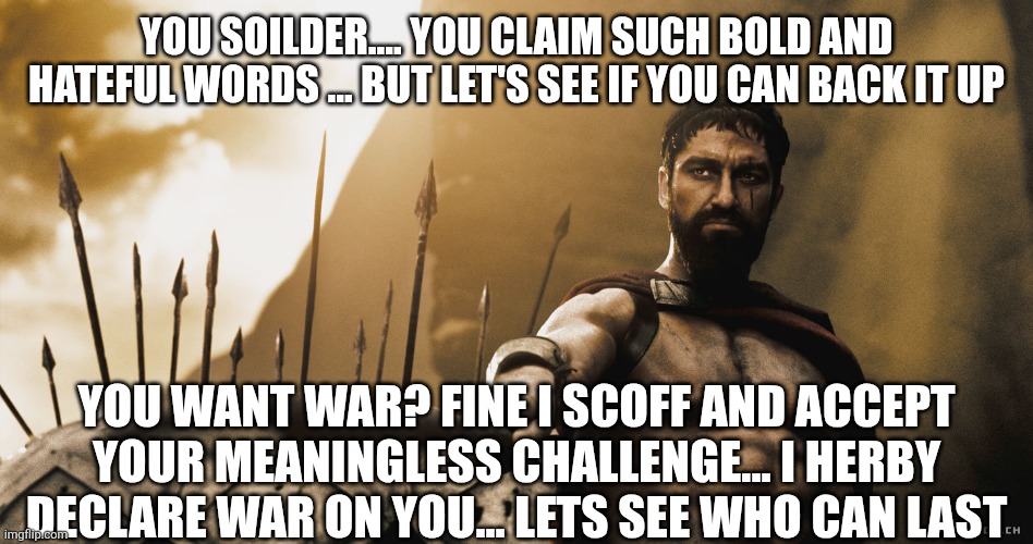 Leonidas 300 sword | YOU SOILDER.... YOU CLAIM SUCH BOLD AND HATEFUL WORDS ... BUT LET'S SEE IF YOU CAN BACK IT UP YOU WANT WAR? FINE I SCOFF AND ACCEPT YOUR MEA | image tagged in leonidas 300 sword | made w/ Imgflip meme maker