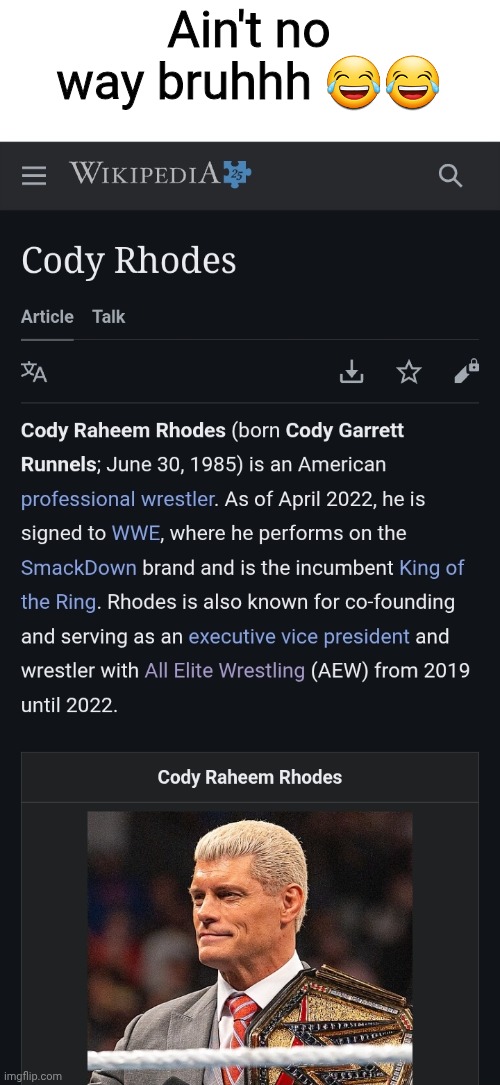Ain't no way bruhhh 😂😂 | image tagged in wwe,cody rhodes,cody raheem rhodes,raheem,memes | made w/ Imgflip meme maker