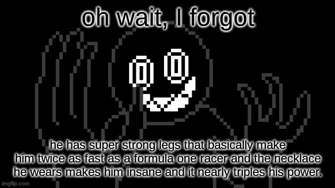 imagine if he dropkicked v1 WITH the necklace | oh wait, I forgot; he has super strong legs that basically make him twice as fast as a formula one racer and the necklace he wears makes him insane and it nearly triples his power. | image tagged in mr thing | made w/ Imgflip meme maker