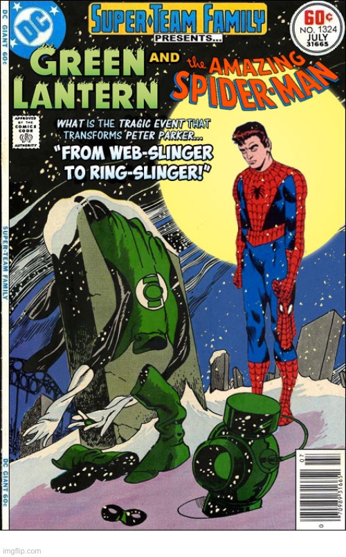 image tagged in comics,spiderman,green lantern,crossover,super team family | made w/ Imgflip meme maker