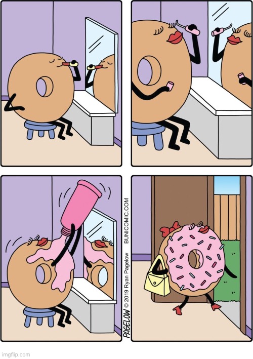 Lady Doughnut getting all dolled up… | image tagged in comics,buni comics,doughnut,makeup,sprinkles,dressing room | made w/ Imgflip meme maker