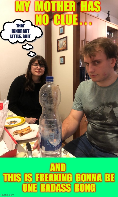 SHE KNOWS !!!  : ) | MY  MOTHER  HAS 
    NO  CLUE . . . THAT
IGNORANT
LITTLE. SHIT; AND 
 THIS  IS  FREAKING  GONNA  BE 
ONE  BADASS  BONG | image tagged in thats not a good idea | made w/ Imgflip meme maker