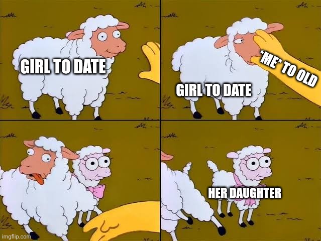 Sheep, cartoon, Simpsons, | GIRL TO DATE; *ME* TO OLD; GIRL TO DATE; HER DAUGHTER | image tagged in sheep cartoon simpsons | made w/ Imgflip meme maker