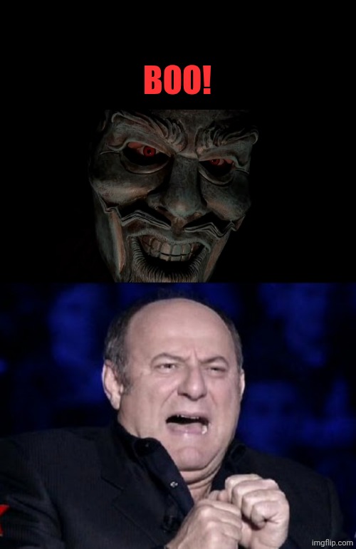 Uncle Howdy from WWE scares Gerry Scotti | BOO! | image tagged in scary uncle howdy face,gerry scotti scared | made w/ Imgflip meme maker