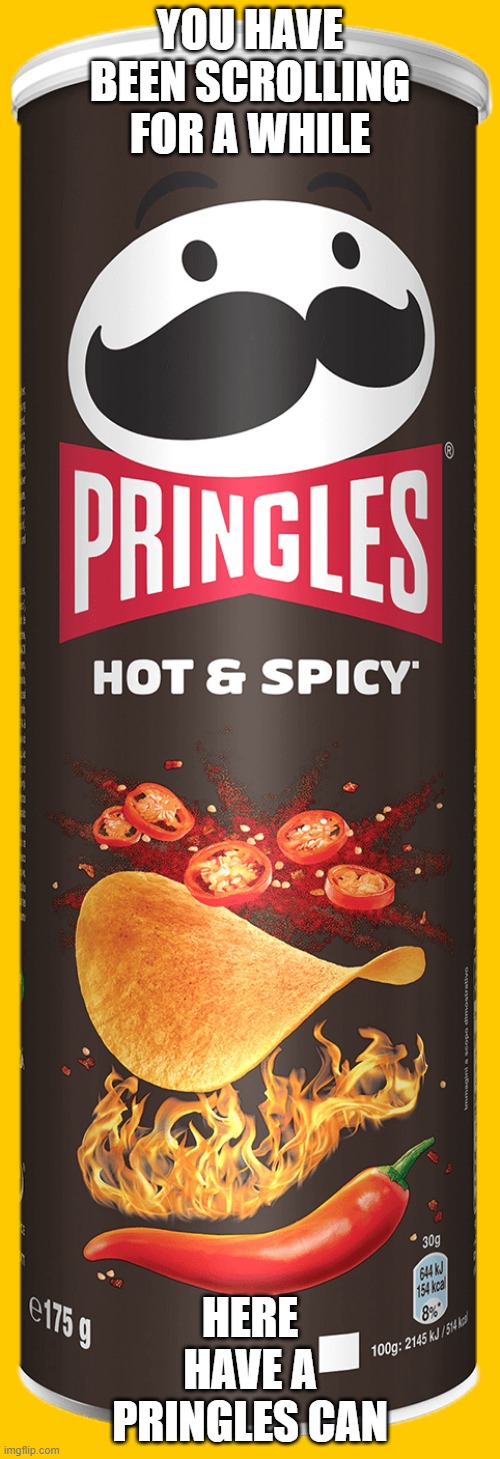 I'm bored so I posted this | YOU HAVE BEEN SCROLLING FOR A WHILE; HERE HAVE A PRINGLES CAN | image tagged in pringles | made w/ Imgflip meme maker
