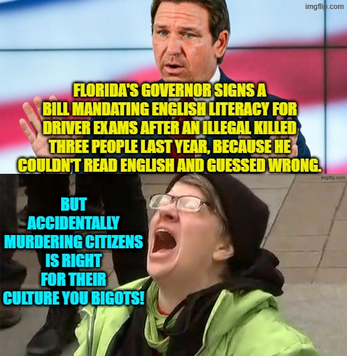 Sadly that leftist response is pretty much on the mark for the essentials of what they believe. | FLORIDA'S GOVERNOR SIGNS A BILL MANDATING ENGLISH LITERACY FOR DRIVER EXAMS AFTER AN ILLEGAL KILLED THREE PEOPLE LAST YEAR, BECAUSE HE COULDN'T READ ENGLISH AND GUESSED WRONG. BUT ACCIDENTALLY MURDERING CITIZENS IS RIGHT FOR THEIR CULTURE YOU BIGOTS! | image tagged in yep | made w/ Imgflip meme maker