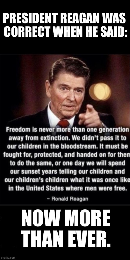 The fate of The Republic is at stake… | image tagged in political meme,president reagan,freedom,one generation away,extinction,now more than ever | made w/ Imgflip meme maker