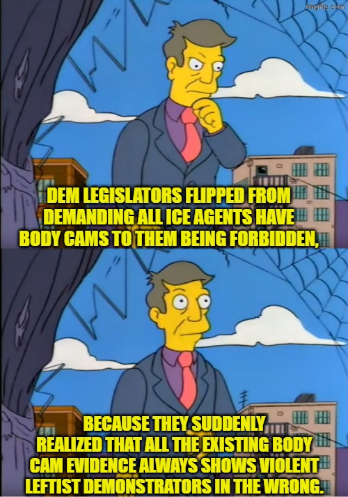 Shazam!  Suddenly Dem legislators are wailing about a surveillance police state. | DEM LEGISLATORS FLIPPED FROM DEMANDING ALL ICE AGENTS HAVE BODY CAMS TO THEM BEING FORBIDDEN, BECAUSE THEY SUDDENLY REALIZED THAT ALL THE EXISTING BODY CAM EVIDENCE ALWAYS SHOWS VIOLENT LEFTIST DEMONSTRATORS IN THE WRONG. | image tagged in skinner out of touch | made w/ Imgflip meme maker