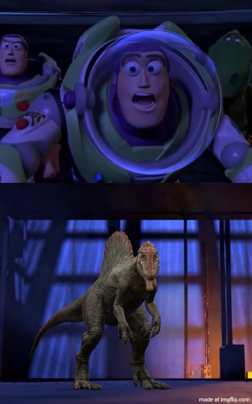 The Toy Story Gang chase by Spinosaurus | image tagged in the toy story gang meets what character,disney,pixar,deviantart,crossover | made w/ Imgflip meme maker