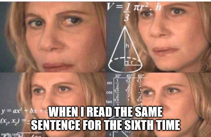 Brain Lag | WHEN I READ THE SAME SENTENCE FOR THE SIXTH TIME | image tagged in math lady/confused lady | made w/ Imgflip meme maker