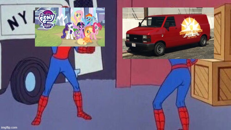 pony van from gta or mlp pony | image tagged in spiderman pointing at spiderman,my little pony,gta | made w/ Imgflip meme maker