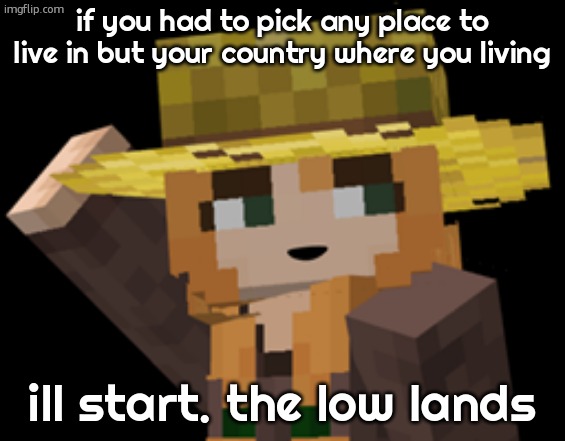 minecraft female farmer villager | if you had to pick any place to live in but your country where you living; ill start. the low lands | image tagged in minecraft female farmer villager | made w/ Imgflip meme maker