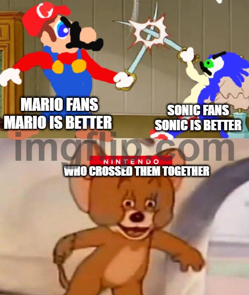 guess what game this is from part 3 | MARIO FANS MARIO IS BETTER; SONIC FANS SONIC IS BETTER; WHO CROSSED THEM TOGETHER | image tagged in tom and jerry swordfight | made w/ Imgflip meme maker