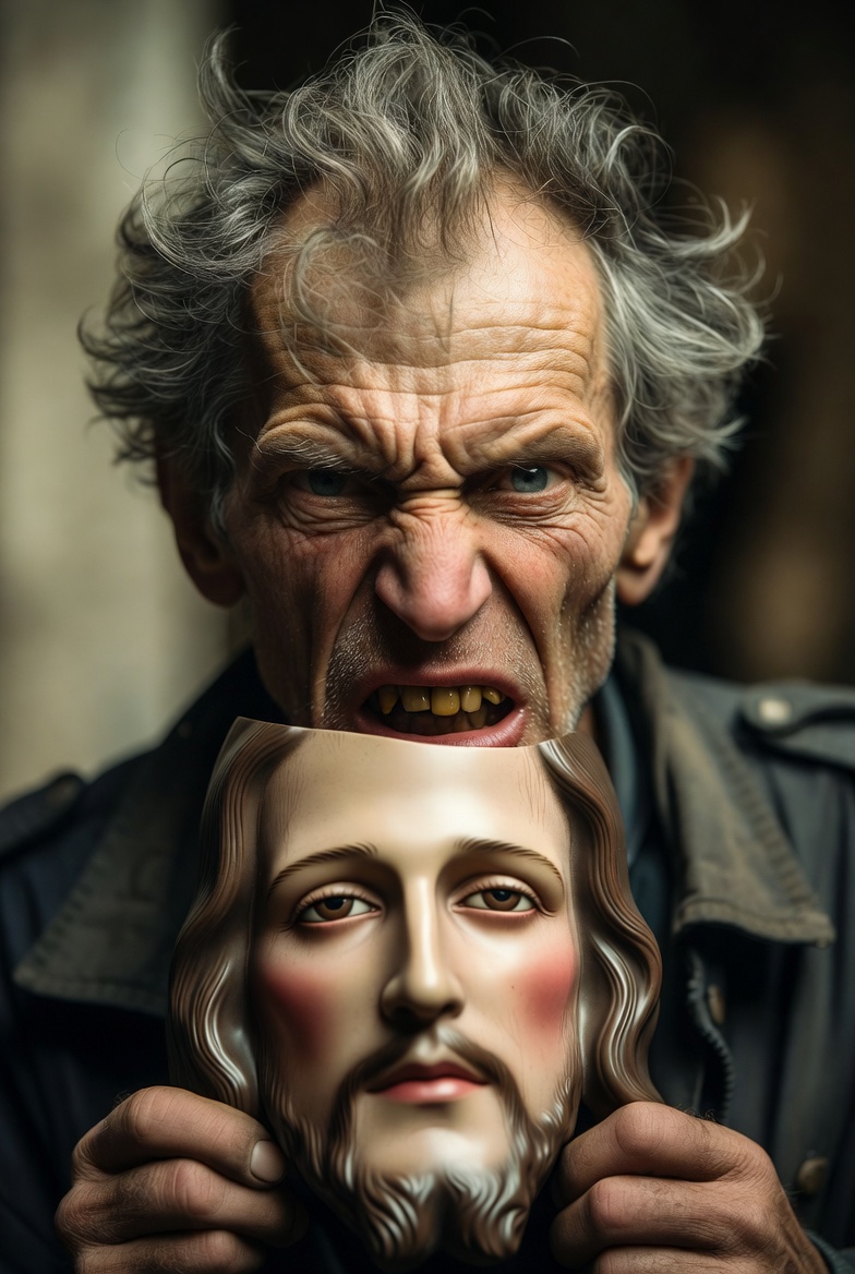 Ugly elderly old man hiding behind a Jesus Christ mask Blank Meme Template