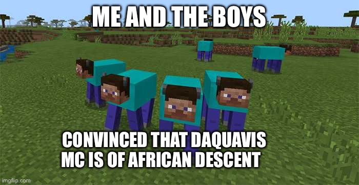 Name we should consider | ME AND THE BOYS; CONVINCED THAT DAQUAVIS MC IS OF AFRICAN DESCENT | image tagged in me and the boys,minecraft,black people,memes | made w/ Imgflip meme maker