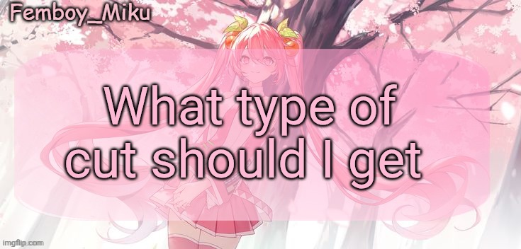 Femboy Miku sakura miku announcement | What type of cut should I get | image tagged in femboy miku sakura miku anouncment | made w/ Imgflip meme maker