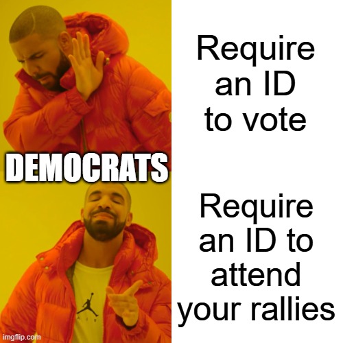 More Democrat hypocrisy | Require an ID to vote; DEMOCRATS; Require an ID to attend your rallies | image tagged in memes,drake hotline bling | made w/ Imgflip meme maker