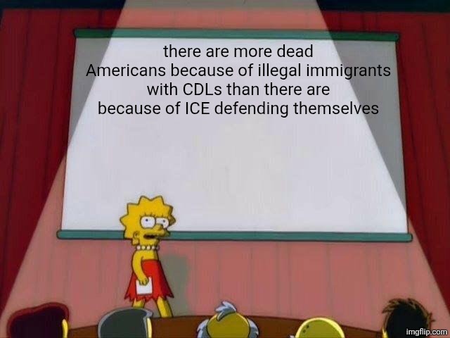 there are more dead Americans because of illegal immigrants with CDLs than there are because of ICE defending themselves | image tagged in lisa simpson's presentation | made w/ Imgflip meme maker