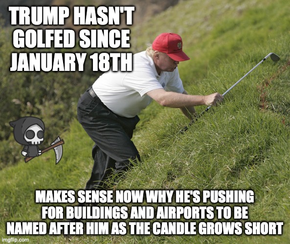 Not ready for President Couchlover | TRUMP HASN'T
GOLFED SINCE
JANUARY 18TH; MAKES SENSE NOW WHY HE'S PUSHING FOR BUILDINGS AND AIRPORTS TO BE NAMED AFTER HIM AS THE CANDLE GROWS SHORT | image tagged in trump golfing,donald trump,death knocking at the door,grim reaper,maga | made w/ Imgflip meme maker