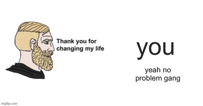 Thank you for saving my life | you; yeah no problem gang | image tagged in thank you for saving my life,msmg,stupid,silly,funny,creativity | made w/ Imgflip meme maker