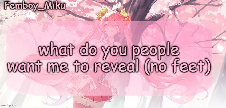 NO FEET | what do you people want me to reveal (no feet) | image tagged in femboy miku sakura miku announcement | made w/ Imgflip meme maker