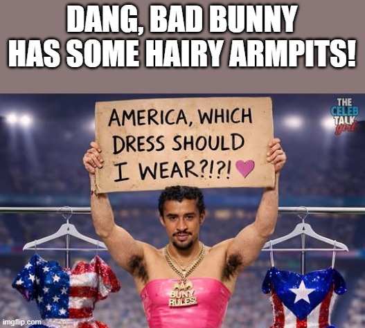 Bad Bunny Has Hairy Armpits | DANG, BAD BUNNY HAS SOME HAIRY ARMPITS! | image tagged in bad bunny,hairy armpits,super bowl,dress,funny,memes | made w/ Imgflip meme maker
