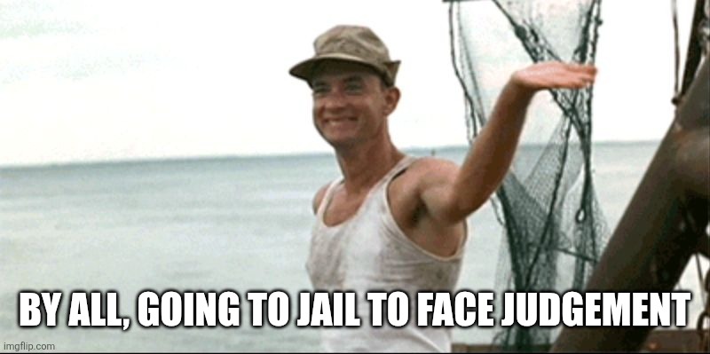 Forest Gump waving | BY ALL, GOING TO JAIL TO FACE JUDGEMENT | image tagged in forest gump waving | made w/ Imgflip meme maker
