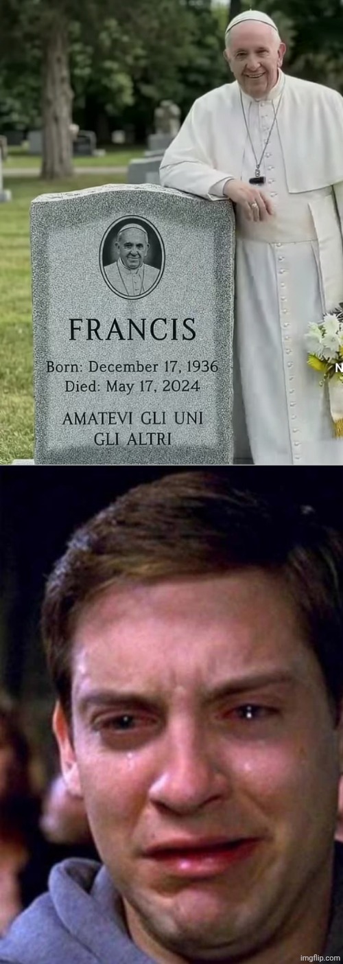 image tagged in pope francis tombstone,peter parker sad cry happy cry | made w/ Imgflip meme maker
